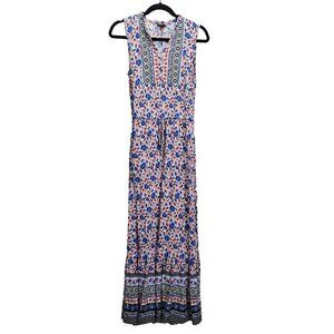 Talbots Maxi Dress Size 6 Red White Blue Floral‎ Tie Waist Sleeveless Boho Rayon
